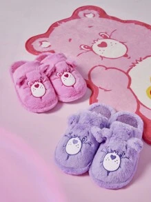 SHEIN X Care Bears 女士时尚可爱紫色毛绒温暖有趣的室内拖鞋，带有心形熊图案，返校鞋，大学生鞋，万圣节圣诞节 - 淡紫色 - 查看 3