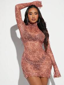 SHEIN SXY Women's Fitted Long Sleeve Mesh Dress With Paisley Pattern - Multicolor - View 4