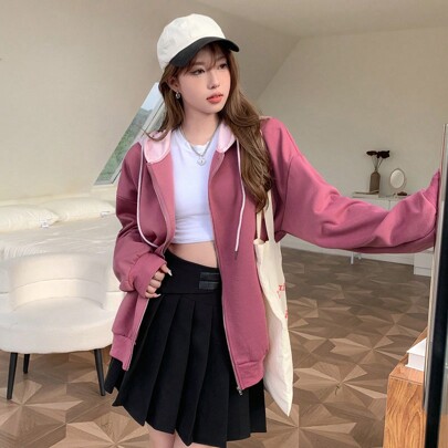 컬러블록 드롭 숄더 드로스트링 후드티, 긴소매 상의, 가을 옷 스웨트셔츠 재킷 지퍼업