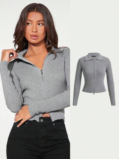 SHEIN BASICS Zip Up Ribbed Knit Cardigan