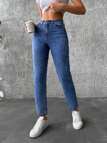 EURMUSE High Waist Mom Fit Jeans - Dark Wash - View 3