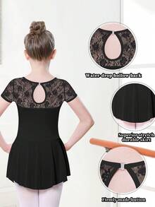 女孩芭蕾舞蹈緊身衣折疊紐扣鏤空後蕾絲袖緊身衣舞蹈裙舞蹈服