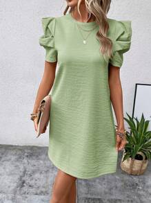 SHEIN Clasi Solid Puff Sleeve Dress - Mint Green - View 6