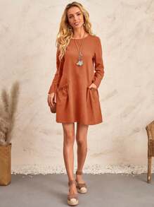 EMERY ROSE Solid Dual Pocket Button Detail Dress - Redwood - View 4