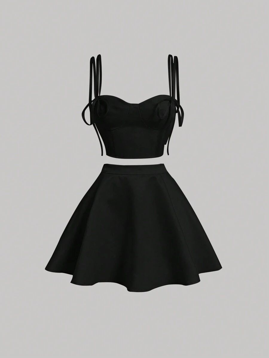 SHEIN MOD Solid Cami Top & Skirt - Black - View 1