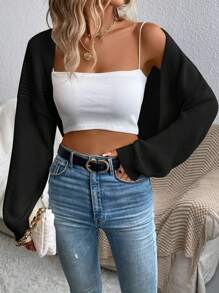 SHEIN Essnce 秋冬开襟短款开衫 - 黑色 - 查看 7