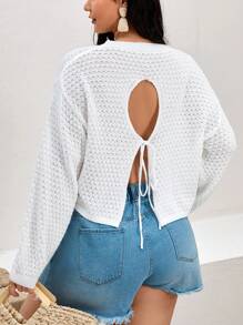 SHEIN VCAY Plus Tie Back Drop Shoulder Sweater - White - View 1