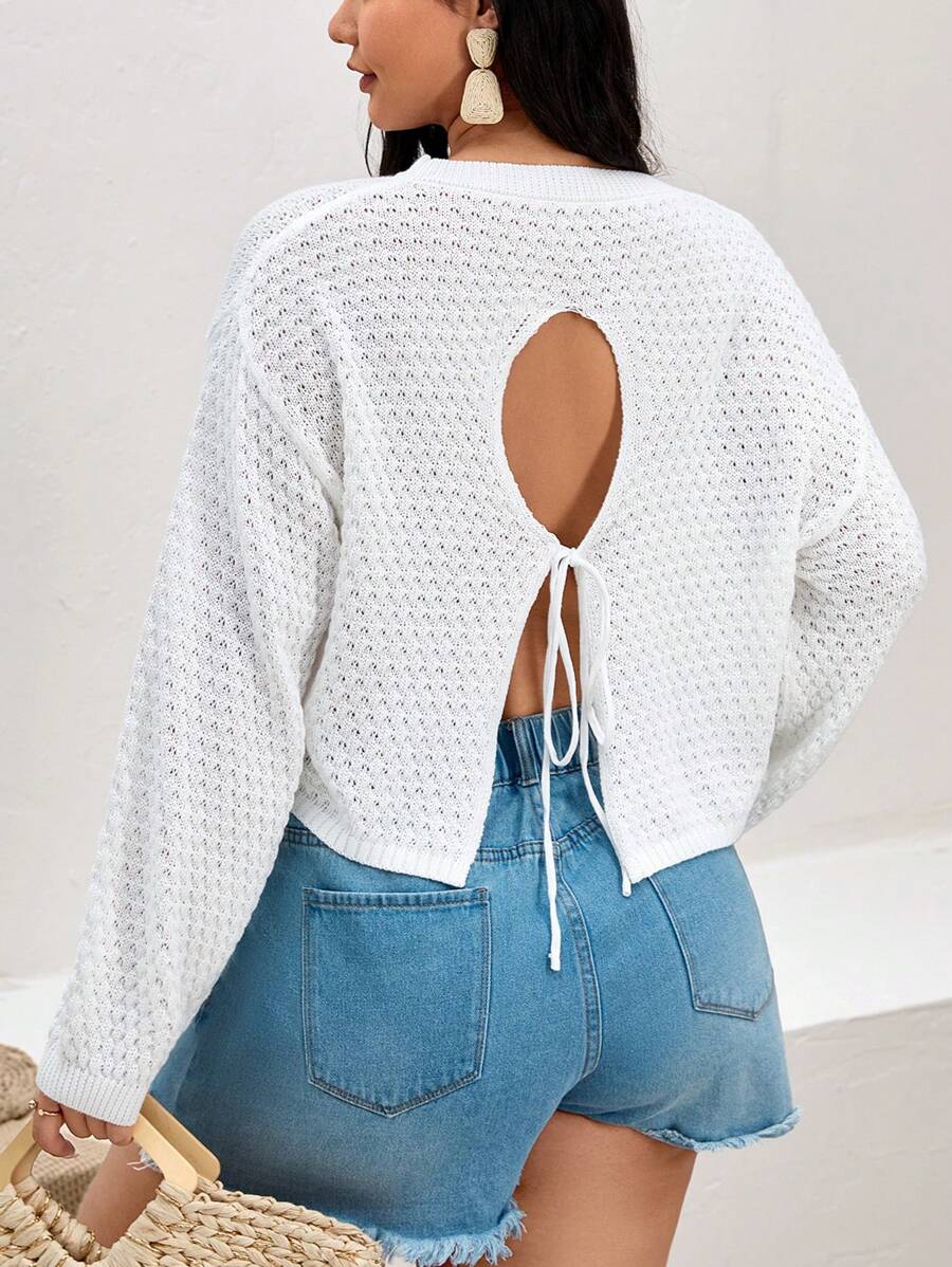 SHEIN VCAY Plus Tie Back Drop Shoulder Sweater - White - View 1
