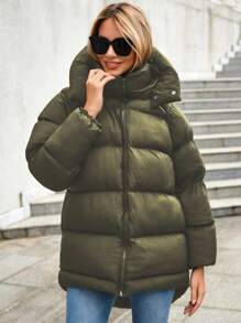 EURMUSE Zip Up Hooded Puffer Coat - Dark Green - View 7