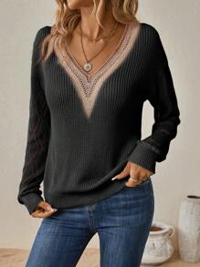 SHEIN Clasi Guipure Lace Panel Drop Shoulder Sweater - Black - View 3