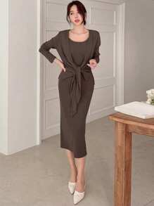 DAZY Vestido de tirantes sólido y abrigo de frente abierto, conjunto de dos piezas para mujer, ropa de otoño - Café integral - Ver 1