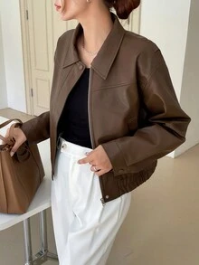 DAZY Drop Shoulder Zip Up PU Jacket - Brown - View 3