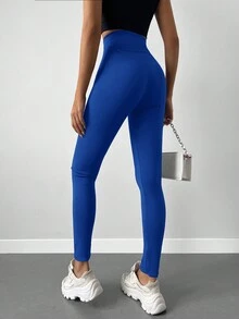 SHEIN Cottnline Solid Wideband Waist Leggings - Blue - View 2