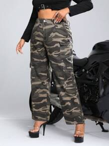 SHEIN ICON 大碼迷彩印花翻蓋口袋工裝牛仔褲 - 彩色 - 查看 1