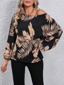SHEIN LUNE Tropical Print Asymmetrical Neck Lantern Sleeve Blouse - Black - View 4