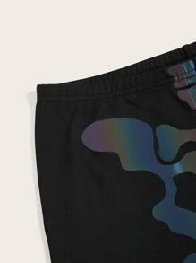 SHEIN ICON Halloween Reflective Skeleton Print Top & Biker Shorts, Neon Glow Party Outfit - Black - View 9