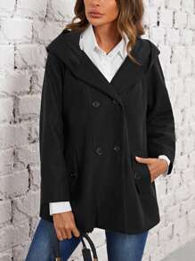 EMERY ROSE 雙排扣連帽大衣 - 黑色 - 查看 5