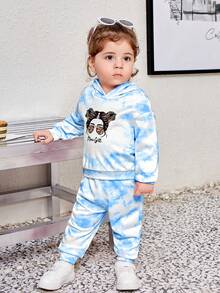 SHEIN Baby Girl Tie Dye Figure Graphic Hoodie & Sweatpants - Blue and White - View 4