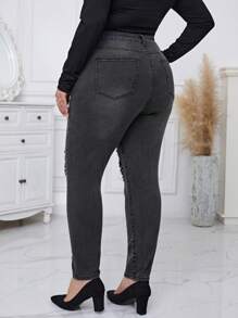 SHEIN Essnce Plus Ripped Skinny Jeans - Black - View 2