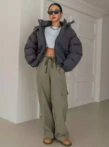 DAZY 拉链抽绳连帽厚口袋外套，女士冬季外套夹克 - 深灰色 - 查看 8