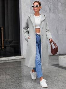 SHEIN Cottnline Của phụ nữ Màu thuần áo có mũ Len áo - Màu Xám nhạt - Xem 3