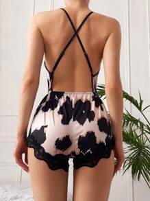 滿版印花露背交叉蕾絲拼接連體睡衣