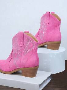 Faux Suede Rhinestone Decor Chunky Heeled Boots - Pink - View 3