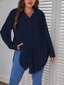 SHEIN Essnce Plus Roll Tab Sleeve Curved Hem Shirt - Navy Blue - View 3