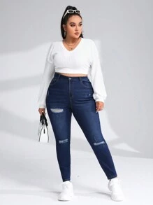 SHEIN EZwear Plus Ripped Skinny Jeans - Medium Wash - View 6