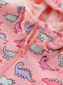 SHEIN 小女孩恐龍印花拉鍊保暖連帽外套 - 粉色 - 查看 5