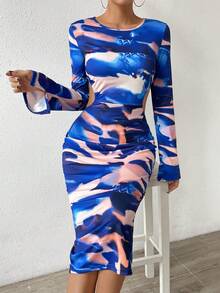 SHEIN Essnce Allover Print Cut Out Waist Bodycon Dress - Multicolor - View 4