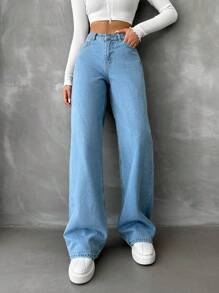 RueChic High Waist Wide Leg Jeans - Light Wash - View 5