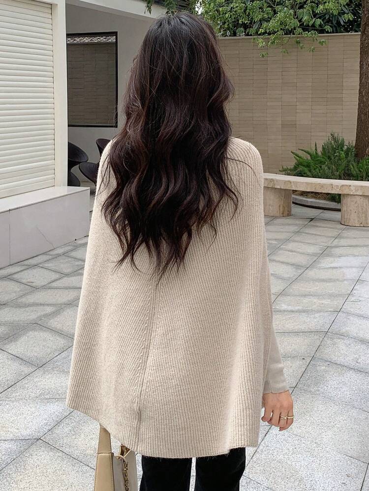 Women's Solid Color Stand Collar Cape Sweater, Casual Business Style For Autumn/Winter,Long Sleeve Tops,Fall Women Clothes