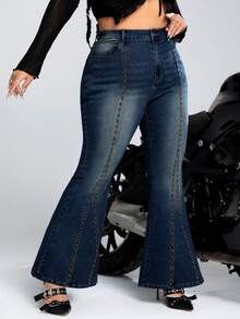 SHEIN EZwear 大碼高腰鉚釘細節牛仔喇叭褲 - 藍色 - 查看 4