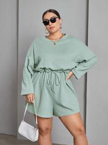SHEIN Essnce Hơn Thả vai Eo dây rút Dệt kim Waffle Romper - màu xanh lá - Xem 1