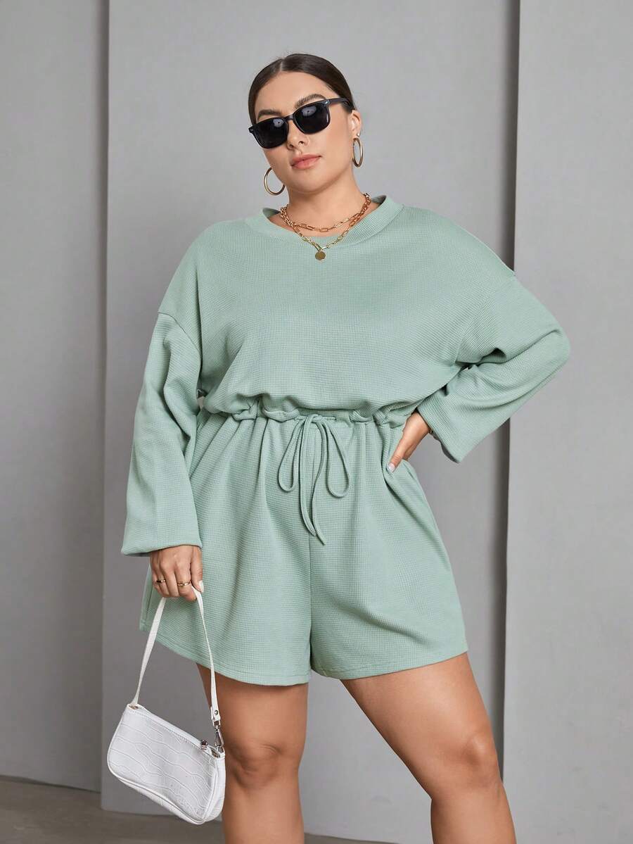 SHEIN Essnce Hơn Thả vai Eo dây rút Dệt kim Waffle Romper - màu xanh lá - Xem 1