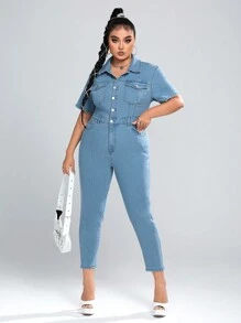 SHEIN ICON 加蓋袋正面鈕扣牛仔連身褲 - 淺色水洗藍 - 查看 5