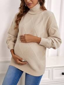 SHEIN 孕妇高领落肩毛衣，适合冬季 - 卡其色 - 查看 1