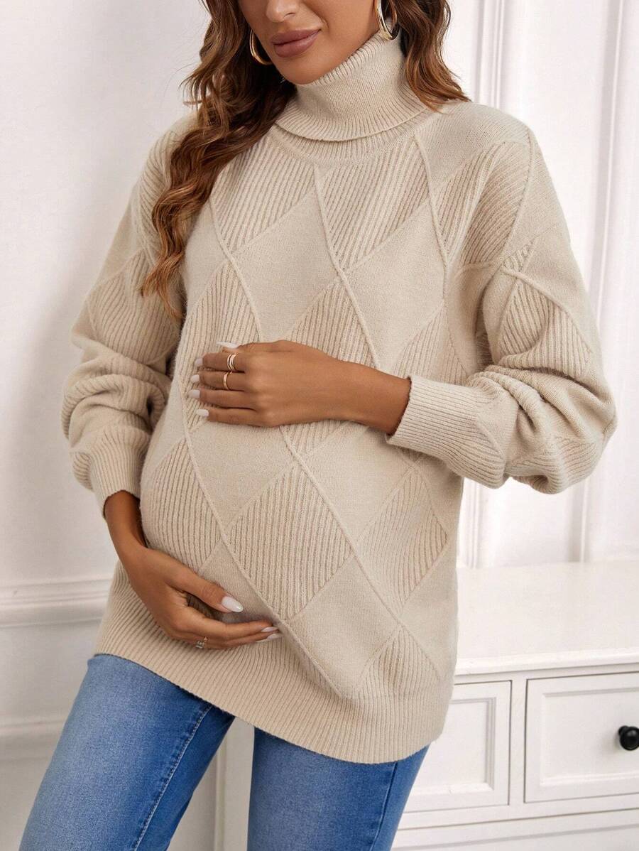 SHEIN 孕妇高领落肩毛衣，适合冬季 - 卡其色 - 查看 1