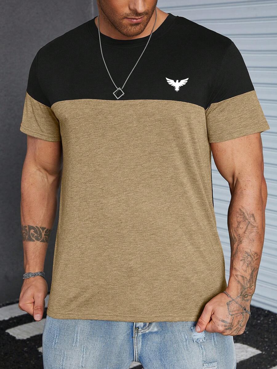 Manfinity Homme Áo thun nam in hình chim hai tông màu - Màu Khaki - Xem 1