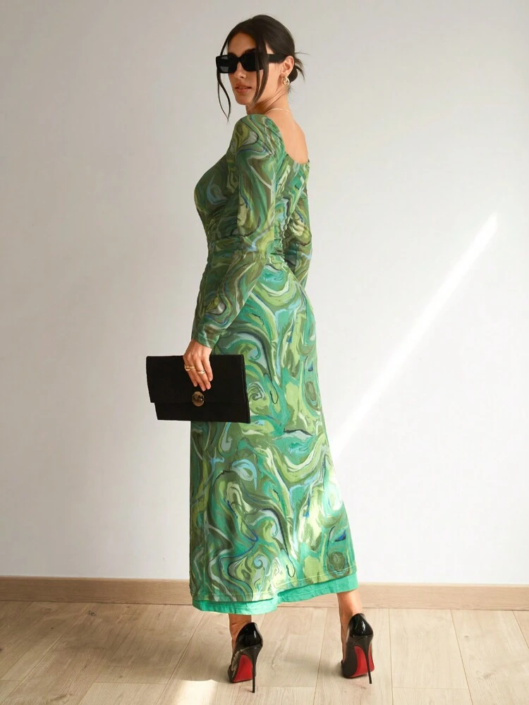 Marble Print Contrast Mesh Square Neck Dress