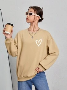 Teen Girl Heart Print Drop Shoulder Sweatshirt - Khaki - View 3