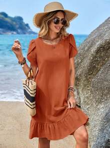 EMERY ROSE Petal Sleeve Ruffle Hem Smock Dress - Redwood - View 4