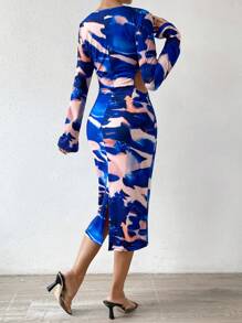 SHEIN Essnce Allover Print Cut Out Waist Bodycon Dress - Multicolor - View 3