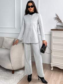 SHEIN Essnce Abrigo unicolor con botón delantero con pantalones - Gris Claro - Ver 6