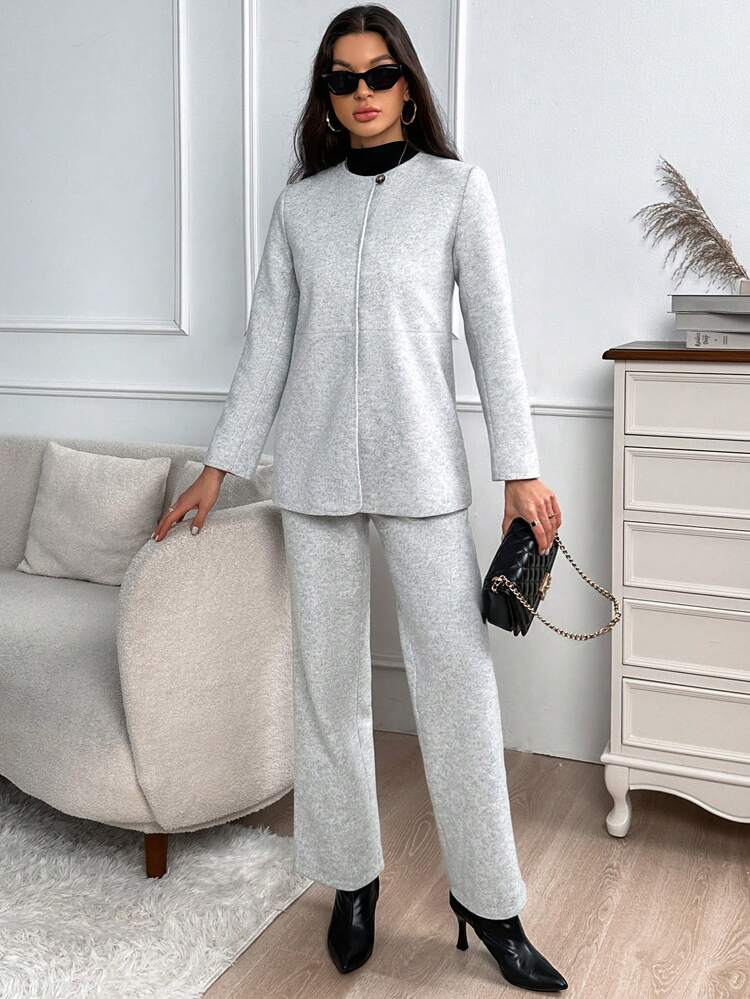 Solid Button Front Coat & Pants