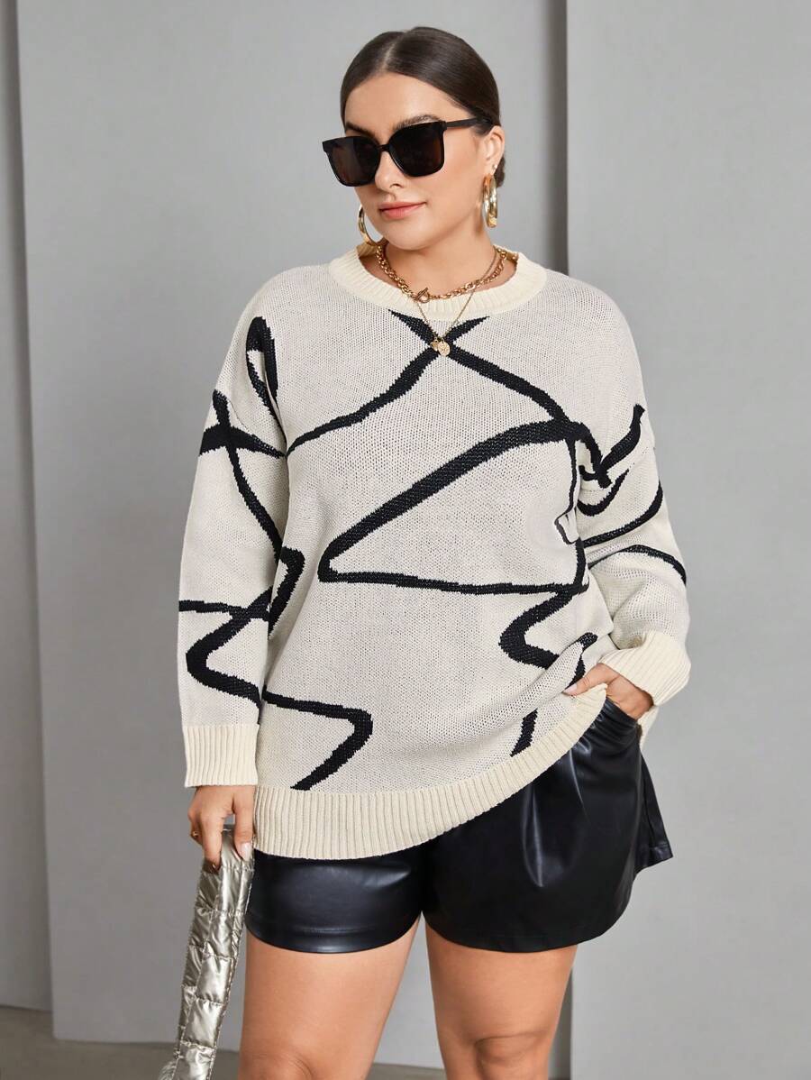 SHEIN Essnce 大碼圖形圖案落肩袖套頭毛衣 - 彩色 - 查看 1