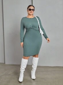 SHEIN Essnce 大碼前扭結下擺開叉緊身洋裝 - 綠色 - 查看 4