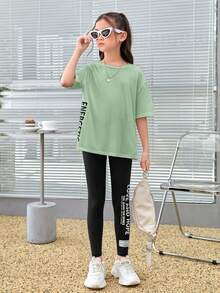 SHEIN Tween Girl Letter Graphic Drop Shoulder Split Hem Tee - Green - View 5