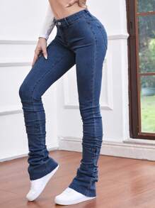 SHEIN Frenchy 素色褶邊褶皺緊身牛仔褲 - 寶藍色 - 查看 3